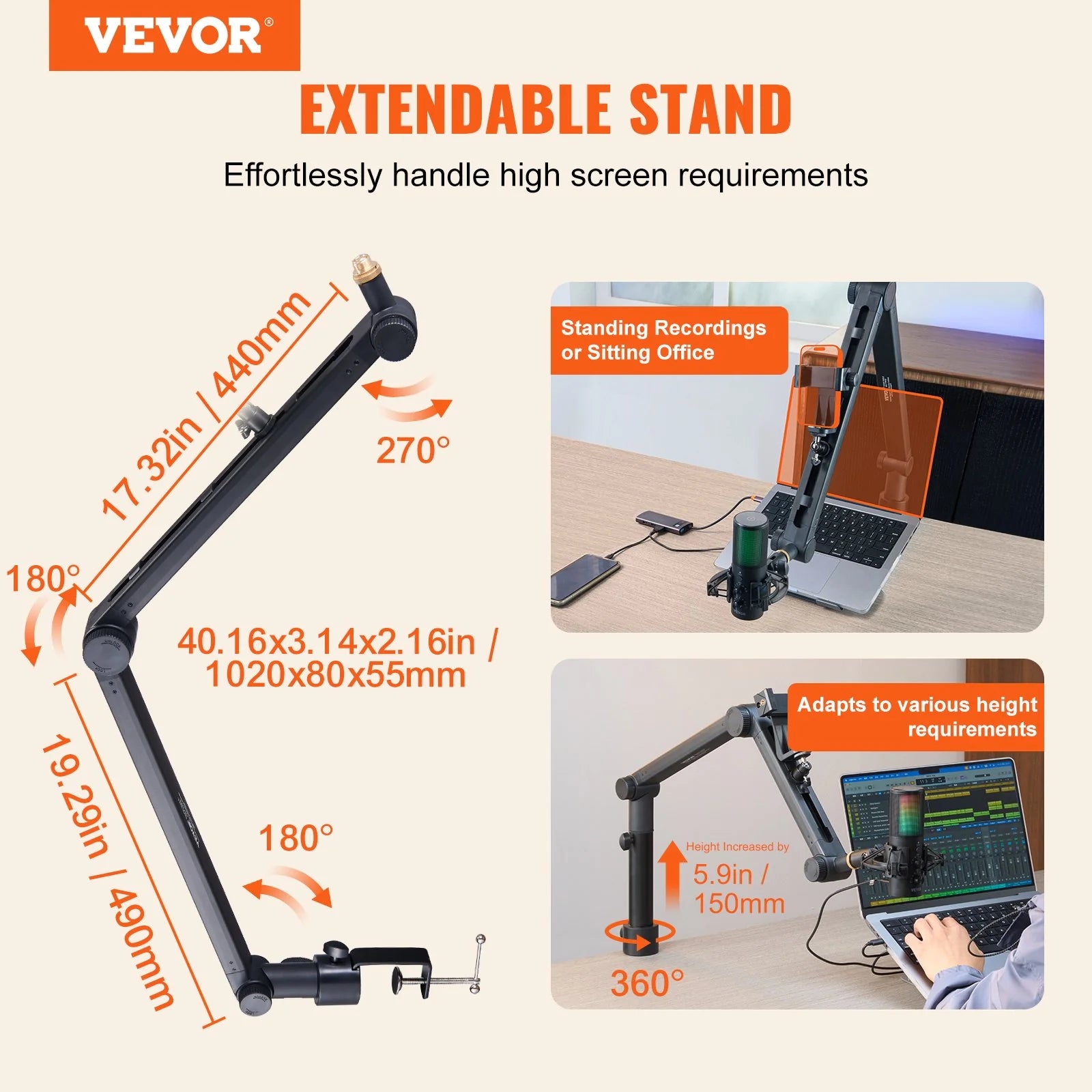 VEVOR Microphone Boom Arm with Desk Mount, 360¡Ã Rotatable, Adjustable Mic Stand with 3/8 to 5/8 Adapter Port, for Recording Blue Yeti Hyperx Quadcast Blue Snowball Shure SM7B Audio Technica