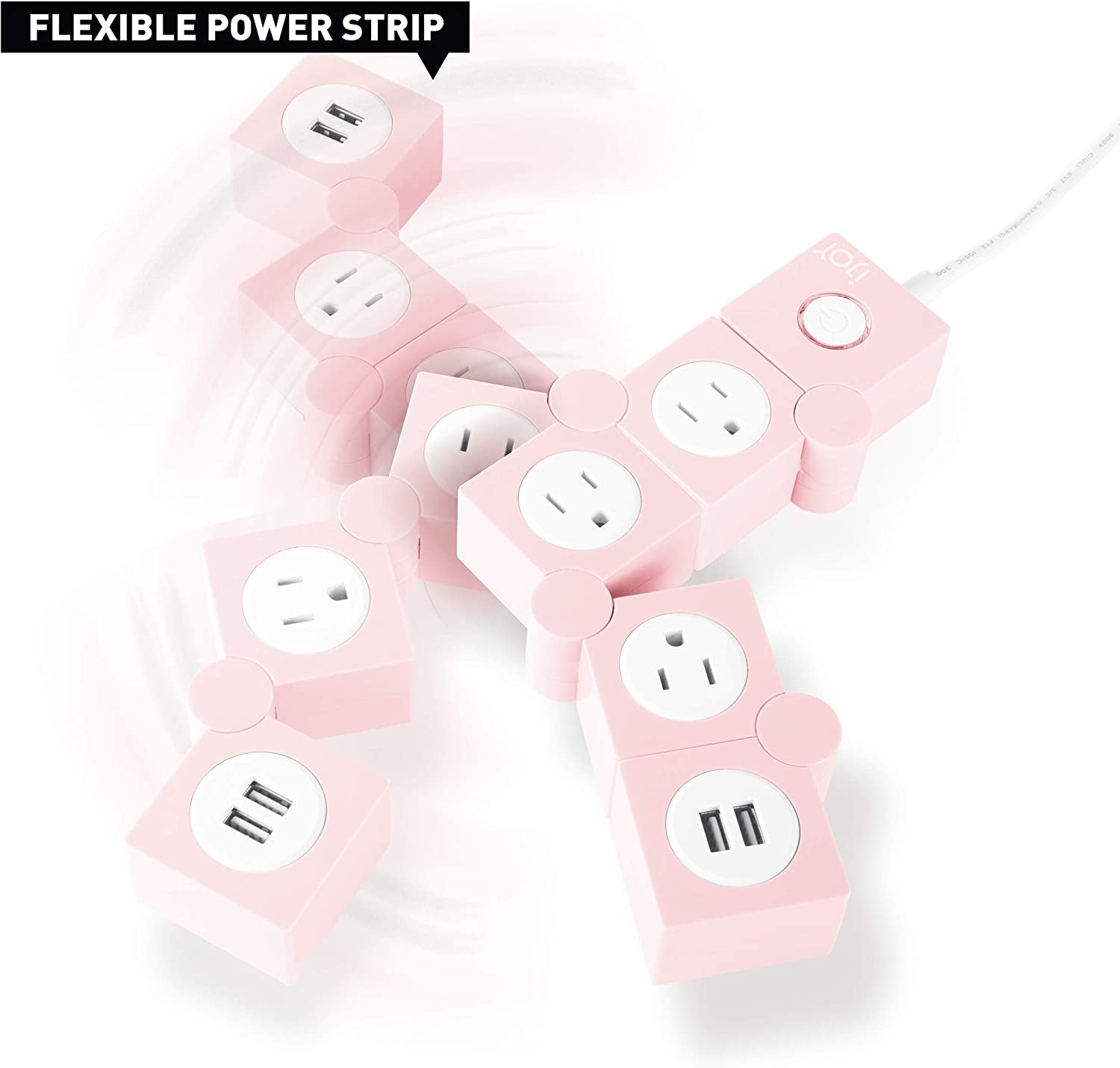 Flexible Power Strip - 3 AC Outlets and 2 USB Charging Ports with Pink Extension Cord, Power Strips with Surge Protection, Decorative Surge Protector Outlet Extender for Home, Office, and More