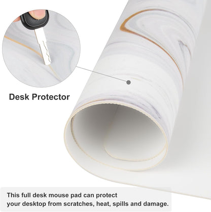 White Mouse Pad, Cute Marble Large Desk Mat, PU Leather Desk Protector Mousepad, Gold Grey Striped Waterproof Computer Keyboard Gaming Mouse Pads, Non Slip Extended Writing Pad 31.5" X 15.7"