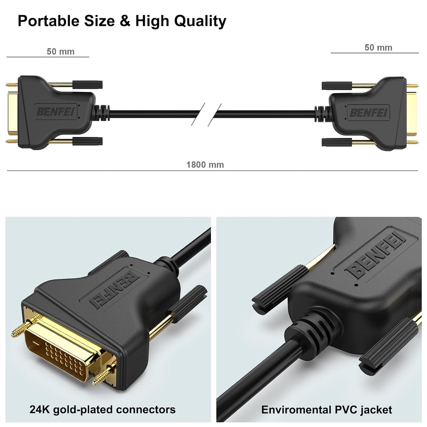 DVI to DVI Cable, 1.8 Meter DVI-D 24+1 Gold Plated Cable, Dual Link Support High Resolution 2560X1600 for Gaming, DVD, Laptop, HDTV