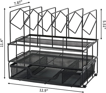 Desk Organizer, Office Desk Organizers and Accessories, File Organizer Office Organization for Office Supplies, Double Tray and 5 Upright Sections, Black