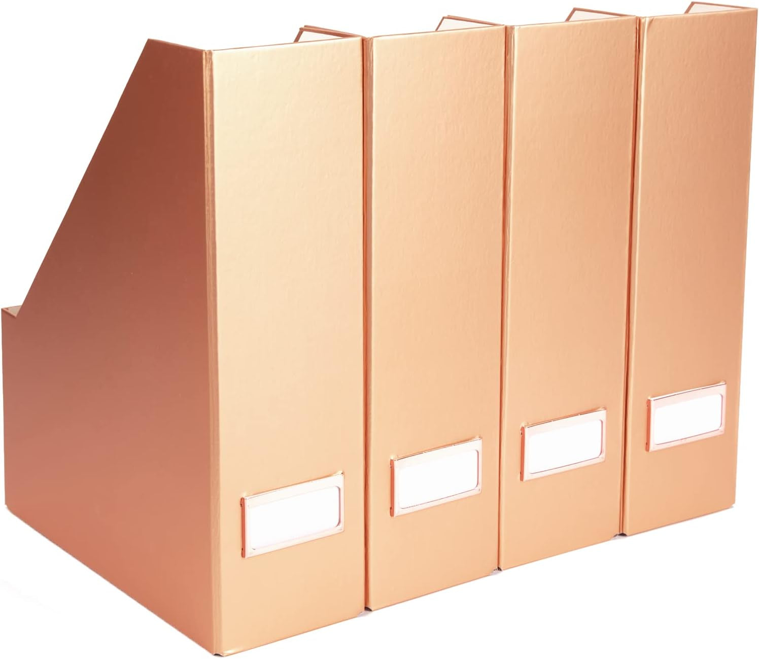 Rose Gold Magazine File Holder – Set of 4 Foldable Magazine Storage Boxes with Gold Label Holder – Stylish and Durable Desk , File Organizer for Home and Office