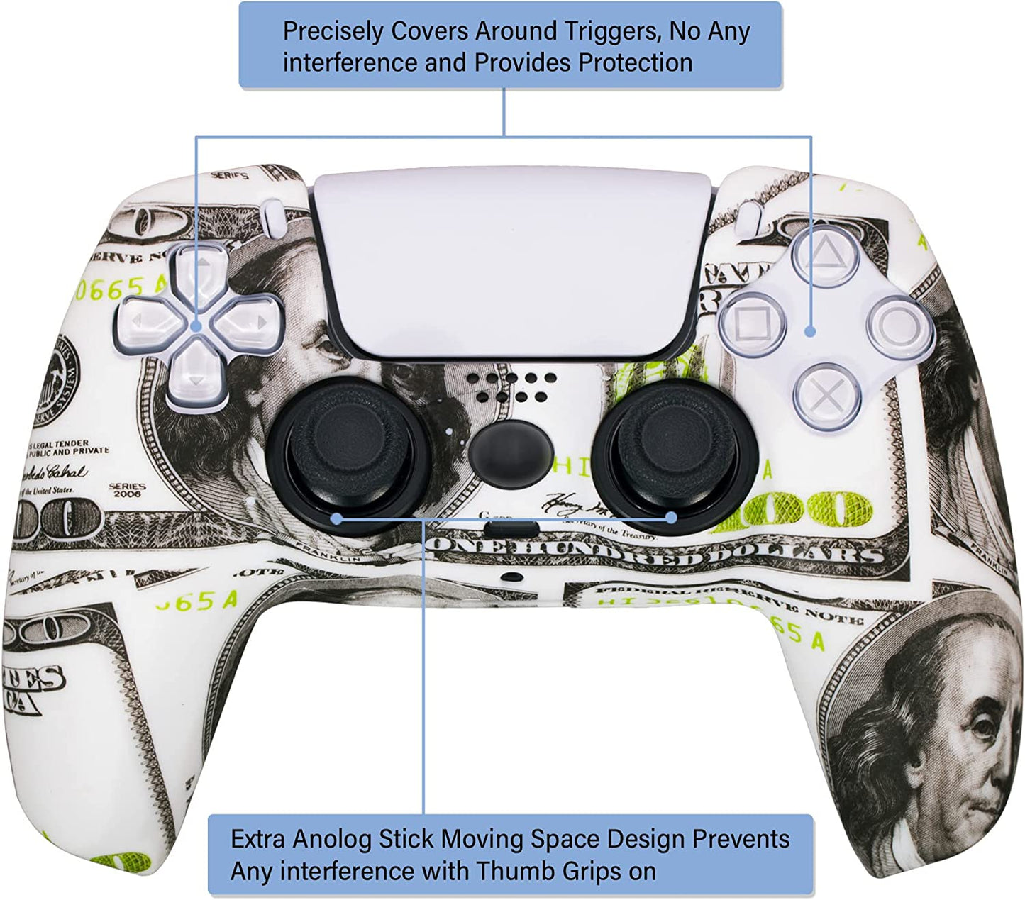 Water Transfer Printing Silicone Thickened Cover Skin Case for PS5 Controller X 1(US Dollars) with Thumb Grips X 10