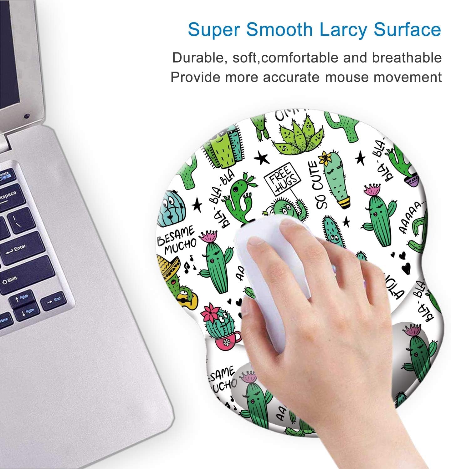 Ergonomic Mouse Pad with Gel Wrist Support Small Wrist Rest Smooth Surface Non-Slip PU Base Comfortable Office Supplies Pain Relief, 8.7 X 7.2 Inches, Cute Cactus with White Design